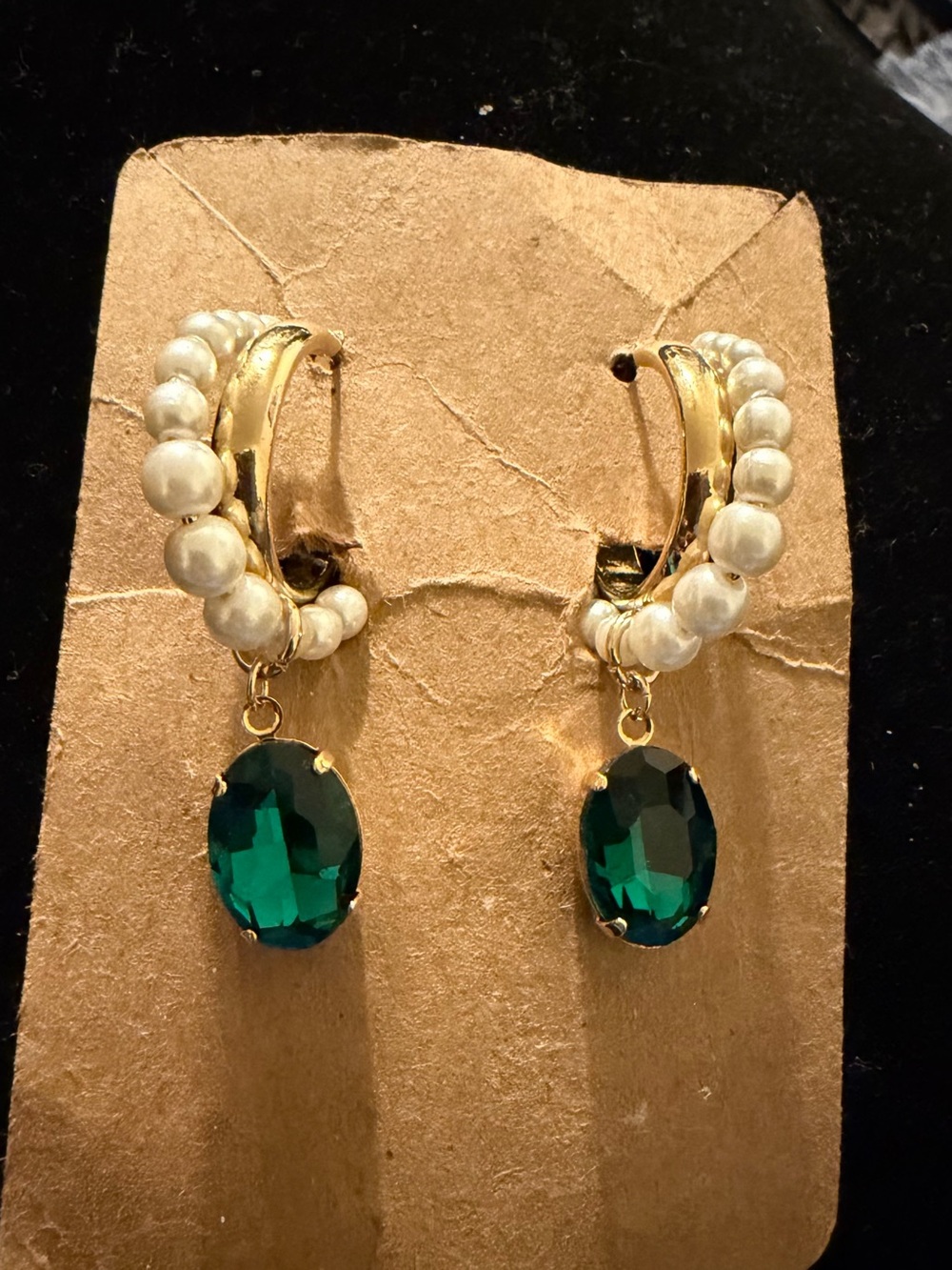Gold Pearl Hoop Earrings with Emerald Green Gemstone Drop